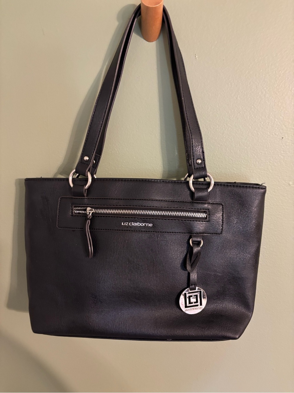 Liz Claiborne Black Shoulder Tote with Silver Hardware